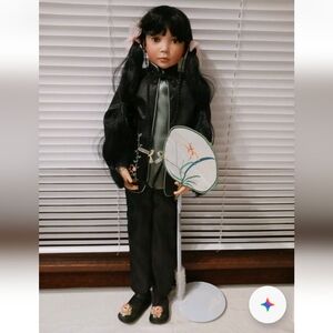 Vintage 31" Tall Mei Lin Geisha Brocade Black Outfit Porcelain Doll Reborn Mint